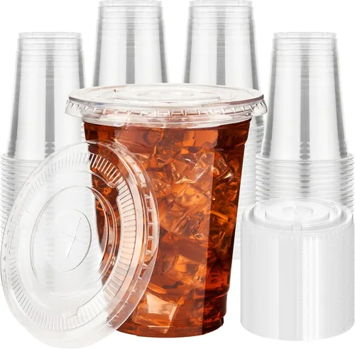 Miniatura 12 de YEEHAW Paquete de 50 vasos de plástico transparente de 9 onzas con tapas planas, vasos desechables con tapas con ranura para pajita para bebidas