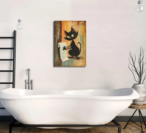 Miniatura 7 de Divertido Arte de Pared de Baño de Gato Negro en Lienzo Arte de Pared de Gato Abstracto con Imagen de Papel Higiénico Decoración de Pared Póster