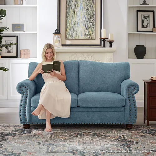Miniatura 5 de ONBRILL Sofá Nailhead, sofá pequeño de 66 pulgadas con brazos enrollados, sofá biplaza de tela de felpilla con cojín de asiento con resortes, Verde
