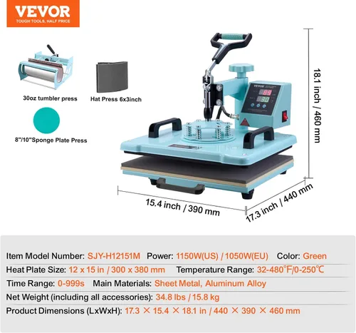 Miniatura 7 de Prensa de calor VEVOR, 12 x 15 pulgadas, máquina de transferencia de calor 5 en 1 con prensa para tarros de 30 oz, presión de camiseta con giro