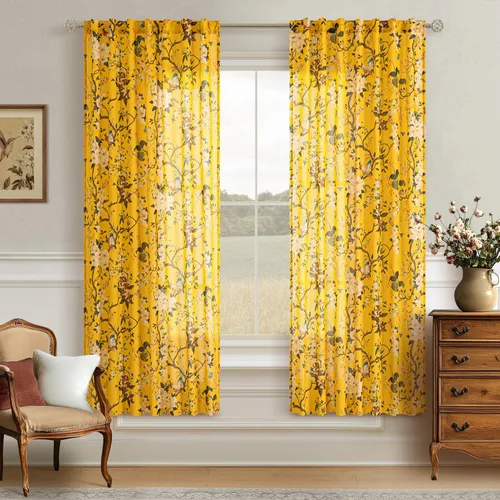 Miniatura 28 de Cortinas de lino florales azules y amarillas, estilo vintage, bohemio, de 63 pulgadas, 2 paneles con pestaña trasera para sala de estar