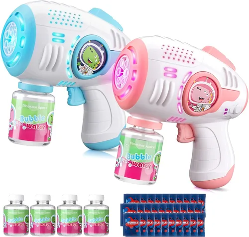 Miniatura 9 de Pistolas de burbujas para niños de 4 a 8 años, paquete de 2 lanzadores automáticos de burbujas con luz LED y solución de 14 burbujas, pistola