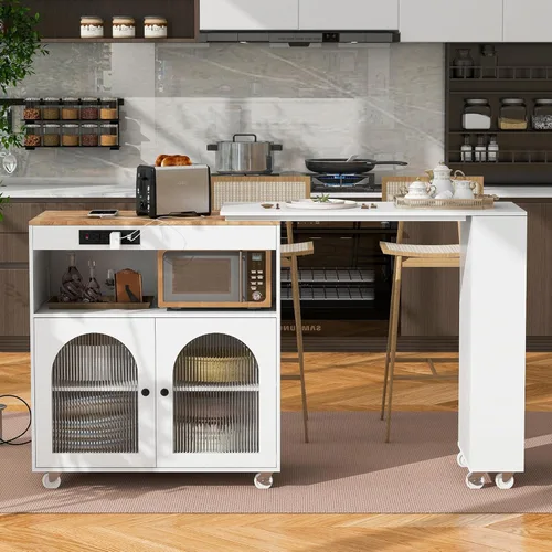 Miniatura 11 de K&K - Isla de cocina rodante con mesa extendida, luces LED, tomas de corriente, 2 puertas de vidrio, compartimento de almacenamiento, 3 estantes