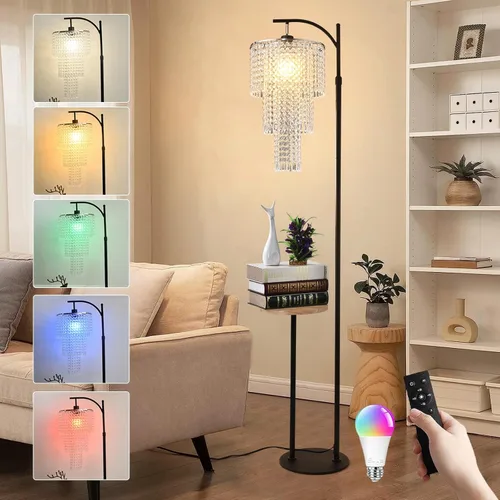 Lámpara de pie de arco con mesa y estantes, lámparas de pie de cristal para sala de estar, regulable, elegante, moderna, LED, lámpara de pie con