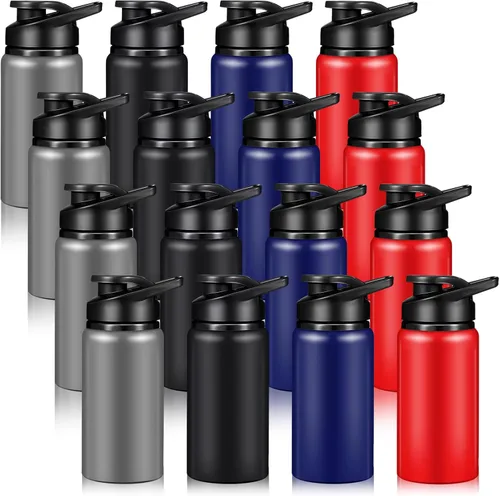 Mimorou Paquete de 16 botellas de agua de aluminio con tapa a presión de aluminio reutilizables, botellas de agua deportivas ligeras a prueba de