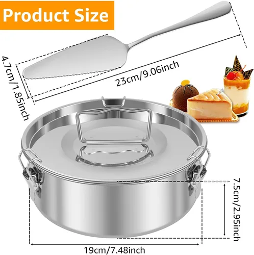 Miniatura 5 de Molde de flan de acero inoxidable con capacidad de 1.5 cuartos de galón con tapa y espátula, recipientes redondos para flan de 6 a 8 cuartos