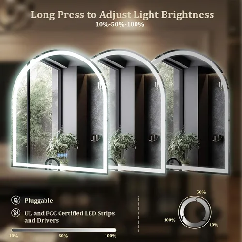 Miniatura 5 de BEAUTYPEAK Espejo de baño con arco LED de 34 x 30 pulgadas con luces, antiniebla, regulable, retroiluminado + iluminado frontal, espejo de tocador