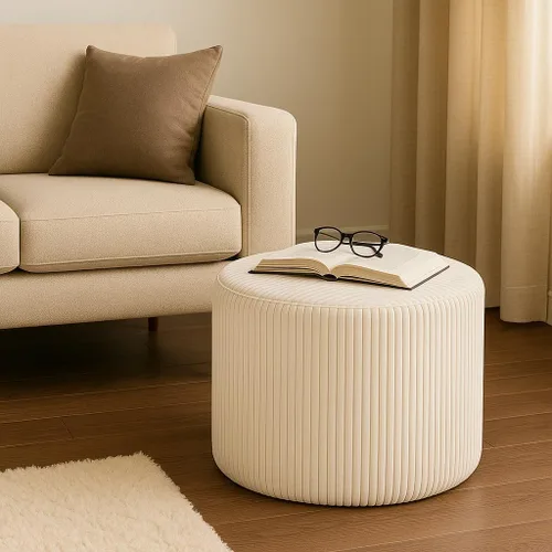 Miniatura 8 de Taburete otomano de pana blanca – Reposapiés de tela de pana boucle texturizado con espuma suave, puf redondo ligero para sala de estar acogedora