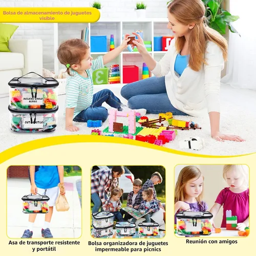 Miniatura 7 de Tesuko Paquete de 6 bolsas transparentes de almacenamiento de juguetes con etiqueta de nombre y bolsillo manual, funda organizadora de juguetes