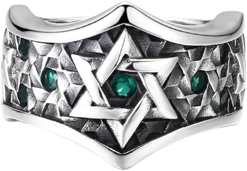 Anillo vintage de plata de ley 925 con estrella de David judía con circonita cúbica para hombres y niños abierto ajustable, Metal, Zirconia cúbica