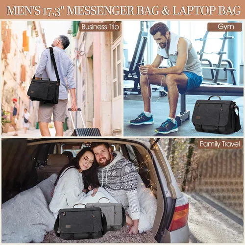 Miniatura 8 de Bolso de Mensajero de 17.3 Pulgadas para Hombre: 2 Piezas Bolso para Laptop de Cuero PU y Tela de Lona Maletín de Trabajo Grande para Oficina