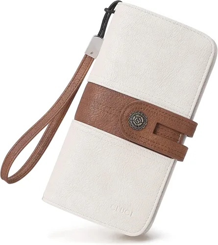 CLUCI Cartera grande de cuero para mujer, organizador de tarjetas de diseñador largo para mujer, Beige bicolor con marrón, Vintage