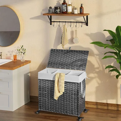 Miniatura 2 de GREENSTELL Cesta para ropa sucia con ruedas y tapa, 130 L, cesta grande de 3 secciones con 2 tipos de bolsas de forro extraíbles, 5 bolsas de malla