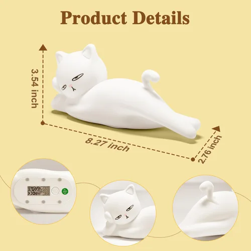 Miniatura 9 de Lámpara plana de gato Mubarek, regalos de gato, lámpara de silicona linda de 16 colores+5 atenuación, lámpara de noche recargable con control