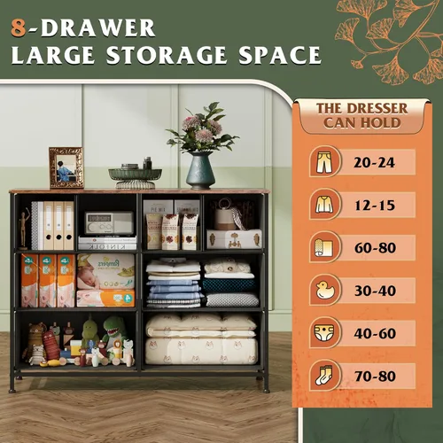 Miniatura 5 de WLIVE Cómoda de 8 cajones para dormitorio, organizador de almacenamiento de cómoda de tela ancha, cómoda con parte superior de madera, marco
