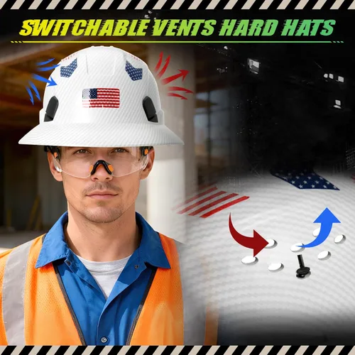 Miniatura 4 de Casco duro de ala completa con patrón de fibra de carbono con visera, casco de seguridad de construcción aprobado por la OSHA para hombres y Fibra