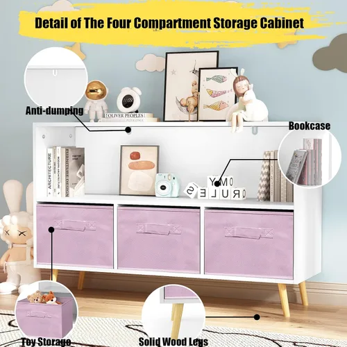 Miniatura 7 de Estantería para niños, organizador de almacenamiento de juguetes, estantería para niños con 3 cajones de tela plegables y patas de madera, Rosado