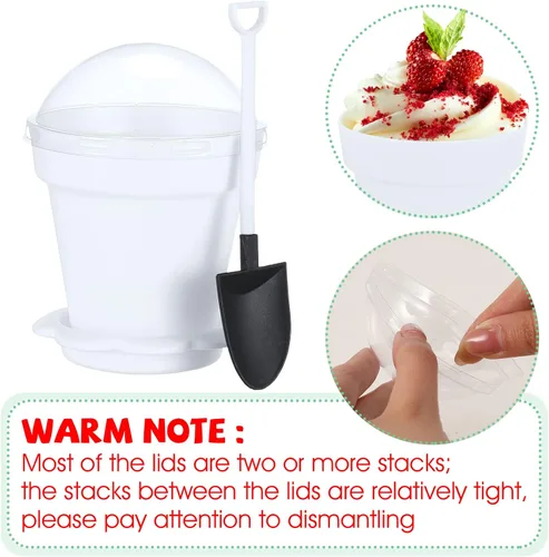 Miniatura 4 de Honeydak Paquete de 50 tazas de plástico para tartas de postre con tapa, pala, cuchara, bandeja inferior, tazas de postre, helado, yogur, Blanco