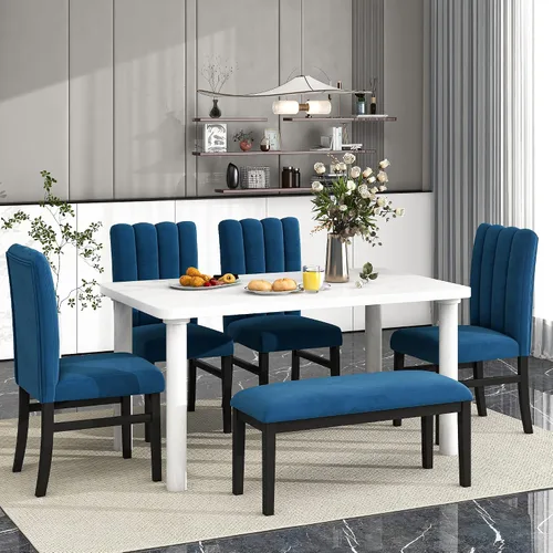 Miniatura 26 de KLMM Elegante y clásico juego de mesa de comedor de madera de 6 piezas con 4 sillas y otomana, adecuado para cocina y comedor
