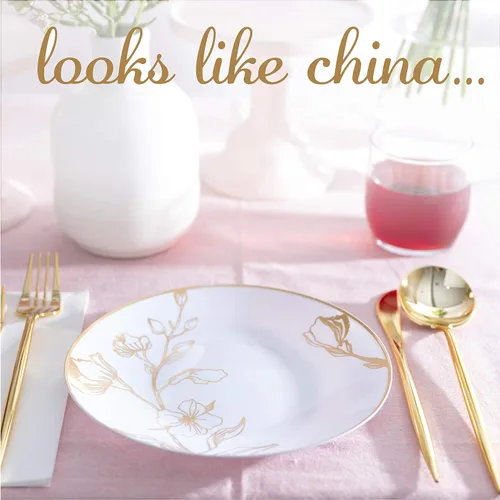 Miniatura 4 de Platos de 7 pulgadas, 10 unidades, platos de fiesta de plástico blanco con diseño floral y borde dorado, vajilla desechable elegante de peso pesado