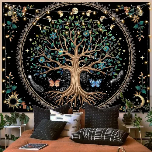 Miniatura 15 de Lunerfex Tapiz de árbol de la vida, tapiz de pared de fase lunar, tapices verdes para dormitorio, techo, tapices para colgar en la pared