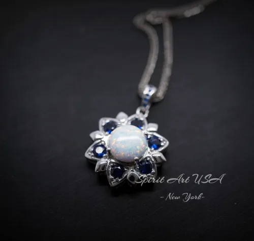 Miniatura 5 de Collar de ópalo – Colgante de flor de estrella de zafiro azul – 18 KGP @ Plata de ley – Piedra natal de octubre de septiembre – Joyería de ópalo