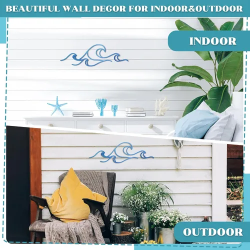 Miniatura 3 de Seeloowy Decoración de pared ondulada, alambre de metal azul, arte de pared con diseño de océano costero, playa, imágenes de surf, guardería