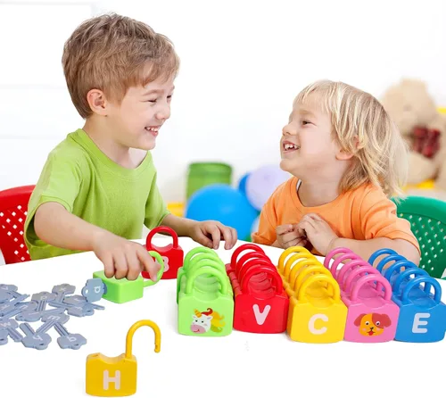 Miniatura 3 de Dinhon - Cerraduras de aprendizaje del alfabeto de colores, combinación de letras educativas con 26 cerraduras, 26 llaves, juego de aprendizaje