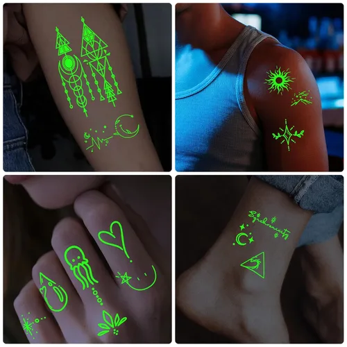 Miniatura 5 de 60 Hojas de Tatuajes Temporales que Brillan en la Oscuridad, Pegatinas Luminosas Minimalistas de Tatuajes Falsos para Adultos, Hombres, Mujeres