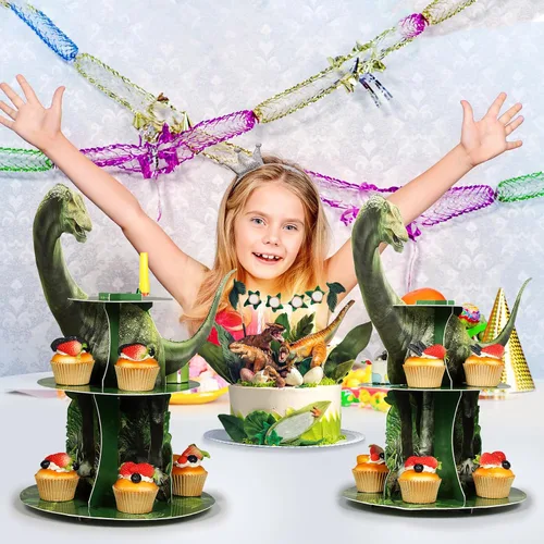 Miniatura 7 de Censen Soporte para cupcakes de dinosaurio de 3 niveles, decoraciones de fiesta con temática de dinosaurio, decoración de torre de postre