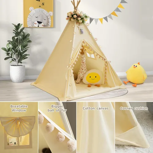 Miniatura 4 de WIRHAO Tienda de campaña tipi para niños con alfombrilla acolchada, lona de algodón, tipi con pompón para niños pequeños, tienda de campaña