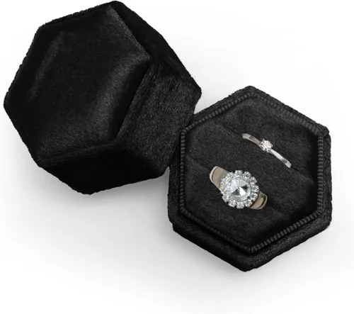 Caja de terciopelo para anillos, color negro, con 2 ranuras, exquisita caja para anillos de boda, preciosa caja hexagonal para anillos de boda con