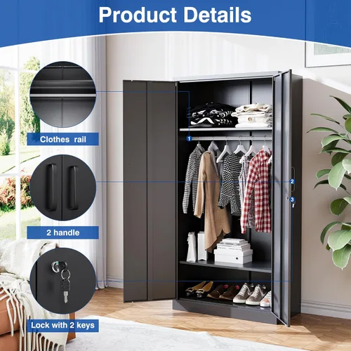 Miniatura 6 de BYNSOE Armario de metal con 2 puertas, armario de 72 pulgadas con riel para colgar, armario de metal con estantes ajustables para dormitorio. Negro