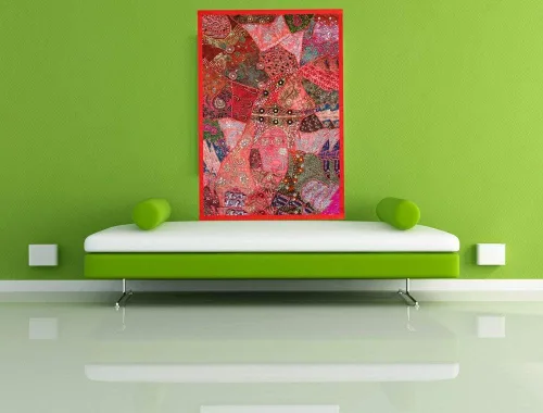 Miniatura 2 de Rastogi Handicrafts Tapiz vintage bordado hecho a mano indio para colgar en la pared, diseño vintage (rojo, 40 x 60 pulgadas)