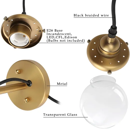 Miniatura 9 de Phansthy Aplique de pared de vidrio vintage, lámpara de pared de alambre colgante para interiores, lámpara de pared de globo de 5.9 pulgadas, cable