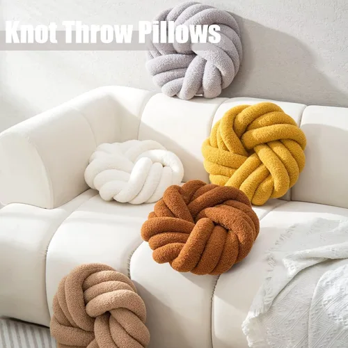 Miniatura 2 de XIAIJIA Almohada redonda de nudo caqui de 14 pulgadas, almohada redonda de nudo de felpa suave, cojín decorativo moderno para el hogar, cama