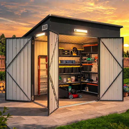 Miniatura 10 de Aoxun Caseta metálica de almacenamiento para exteriores, 4.6 x 2.5 pies, para jardín, para botes de basura, herramientas y bicicletas, color marrón