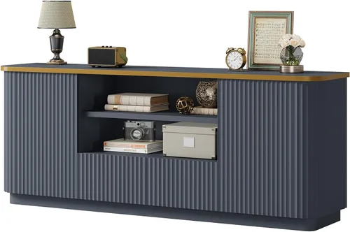 Miniatura 13 de QUW Soporte de TV acanalado de 70 pulgadas para televisores de hasta 80 pulgadas, moderno centro de entretenimiento con 2 cajones y gabinetes, Blanco