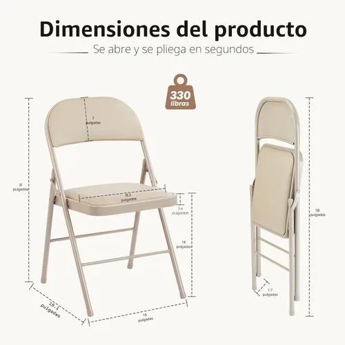 Miniatura 6 de DUMOS Paquete de 4 sillas plegables acolchadas de cuero, asiento comercial apilable portátil para interiores y exteriores con marco de acero, Caqui