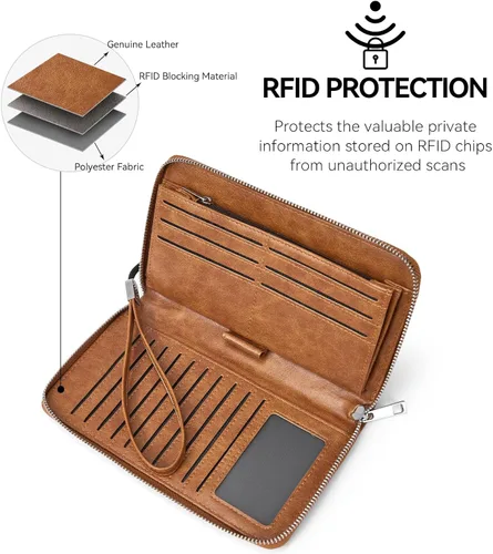 Miniatura 6 de BOSTANTEN - Carteras de cuero para mujer, bloqueo de identificación por radio frecuencia (RFID), cierre de cremallera alrededor, tarjetero, cartera