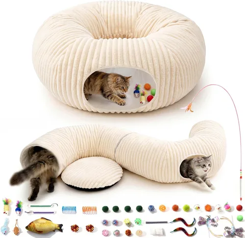 Cama túnel para gatos con 40 juguetes para gatos, túnel de juego plegable para gatos de interior, tubo para gatos para gatitos y cachorros Blanco
