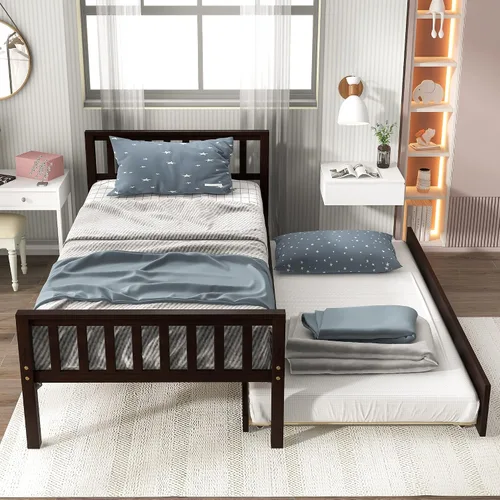 Miniatura 4 de Dolonm Cama de plataforma individual con nido, marco de cama de madera maciza con cabecero, estribo para adolescentes, niños y niñas, no necesita