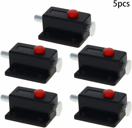 MroMax 5 piezas de cerrojo de puerta con resorte, cierre deslizante de plástico negro con botón de interruptor para puerta, gabinete, accesorios de