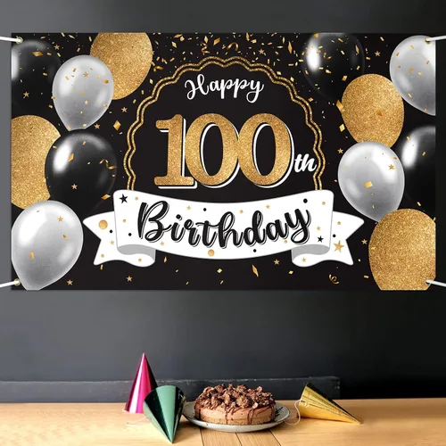 Miniatura 5 de Decoración de feliz cumpleaños número 100, globo negro y dorado número 100, cartel de fondo grande de cumpleaños – Decoración de fiesta