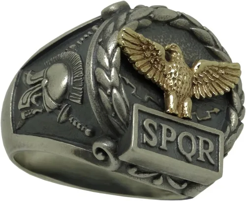 Miniatura 7 de Anillo de plata de ley y oro macizo amarillo de 10 quilates hecho a medida con águila del imperio romano SPQR Skull Biker para hombre