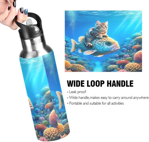 Miniatura 4 de Stainless Steel Water Bottle 20 Oz, Leakproof Water Bottles for Gym Outdoor Travel School, Cute Cat Fish Blue