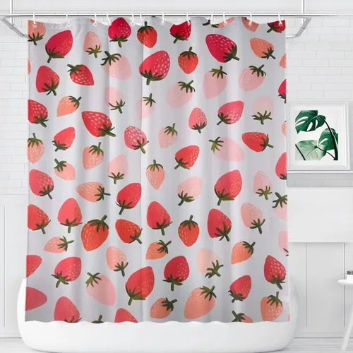 Miniatura 9 de KOMIKU Juego de cortina de ducha estética de frutas con diseño floral de cereza rosa, decoración de baño de frutas de verano, de poliéster, lona