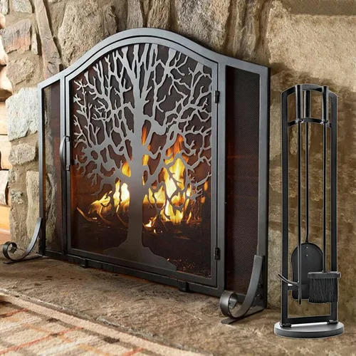 Miniatura 8 de ROYUMI Pantalla de chimenea en forma de árbol con herramientas, estufa de leña con puertas, accesorios de hierro forjado, cepillo, póker, pala