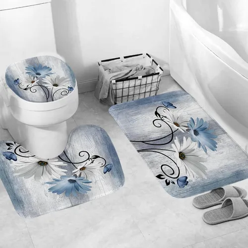 Miniatura 4 de Onalasyc Juego de 4 Piezas de Cortinas de Ducha con Flores de Margaritas Azules y Plantas, Cortina de Ducha y Alfombra y Accesorios, Juego