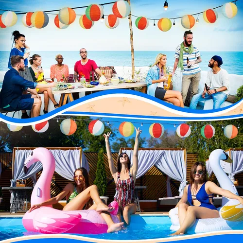 Miniatura 5 de Panelee 12 linternas de papel de bola de playa de 8 pulgadas, decoraciones de fiesta de piscina, decoraciones redondas colgantes temáticas de Luau